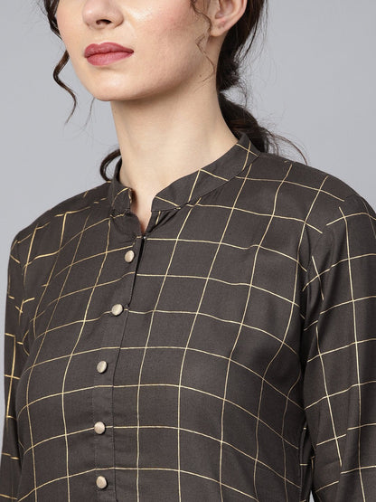 Women's Black Checkered Gold Printed 3/4Th Sleeve Chinese Collared Button Detailing Kurta With Solid Sharara