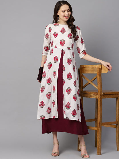 Women's Floral Boota Attached With Solid Maroon Dress With Multiple Slits & 3/4 Sleeves