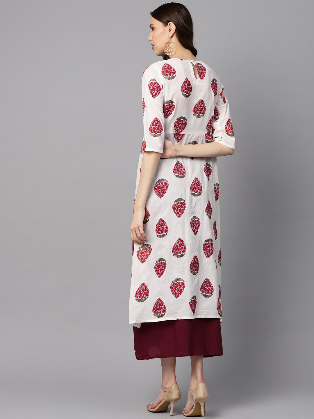 Women's Floral Boota Attached With Solid Maroon Dress With Multiple Slits & 3/4 Sleeves