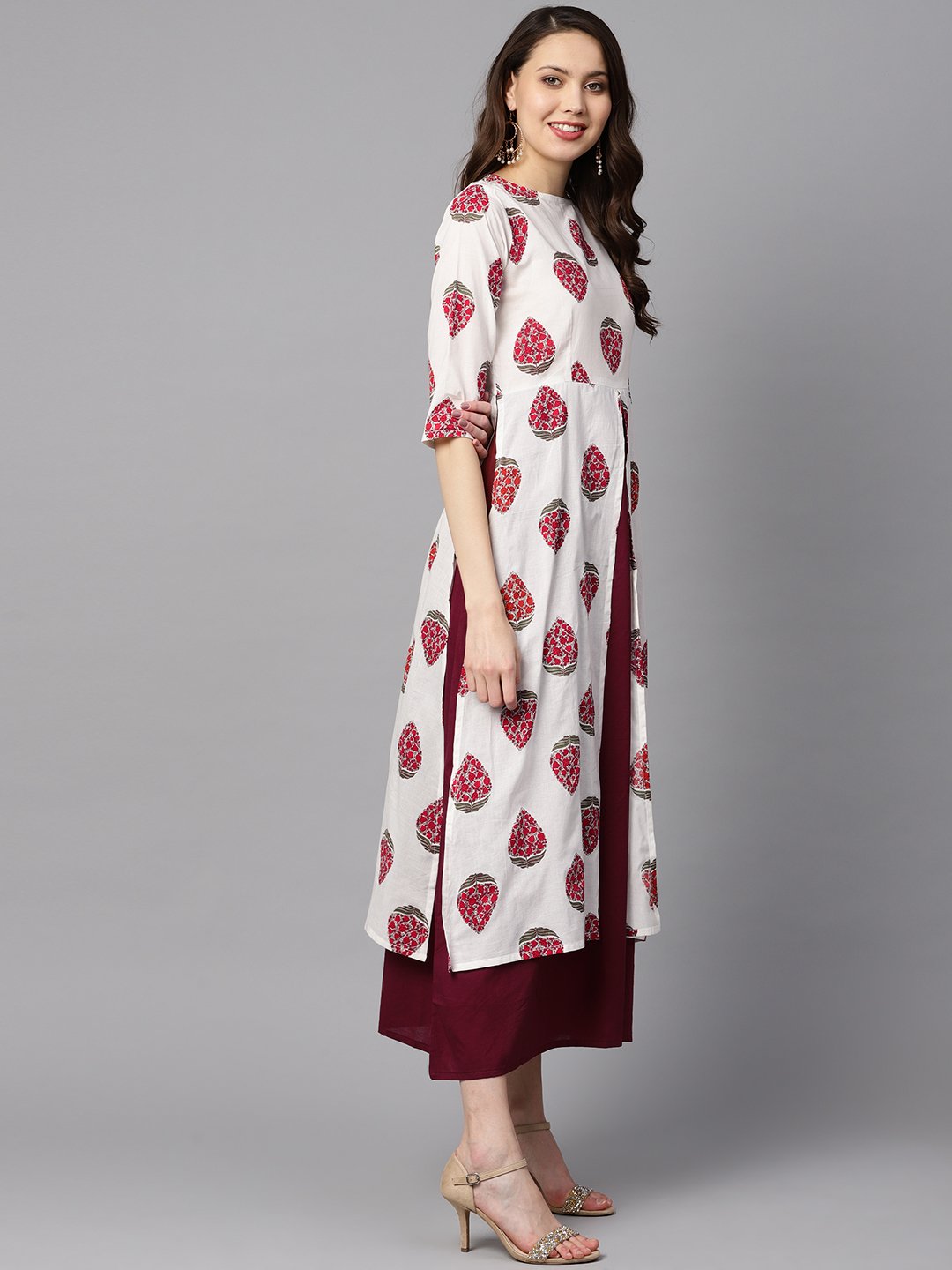 Women's Floral Boota Attached With Solid Maroon Dress With Multiple Slits & 3/4 Sleeves