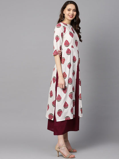 Women's Floral Boota Attached With Solid Maroon Dress With Multiple Slits & 3/4 Sleeves