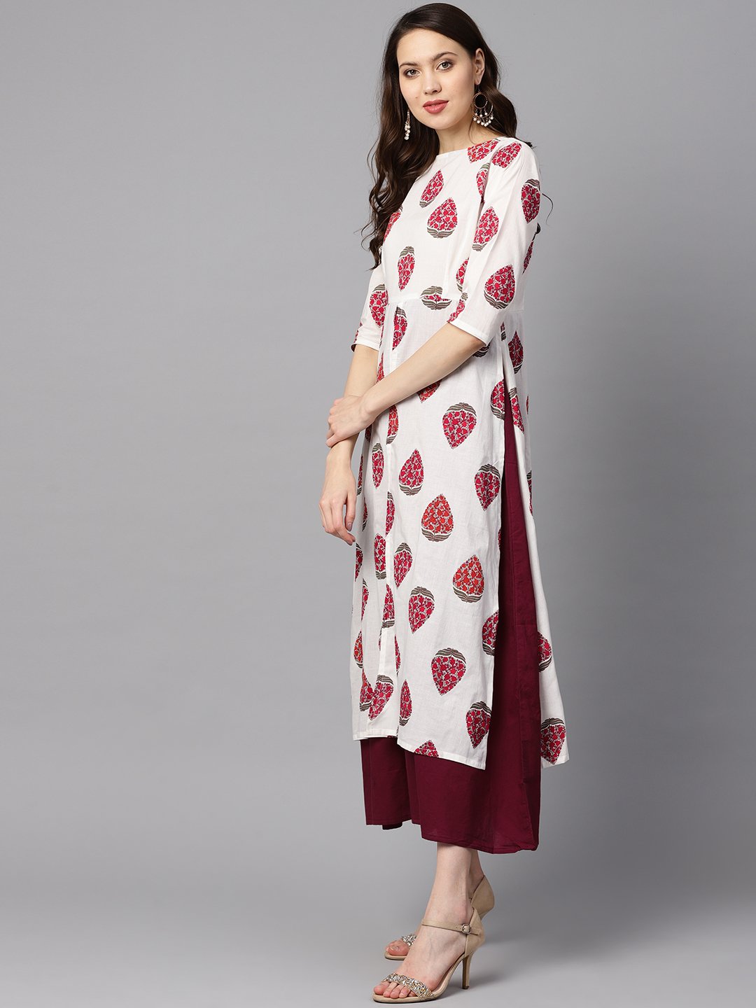 Women's Floral Boota Attached With Solid Maroon Dress With Multiple Slits & 3/4 Sleeves