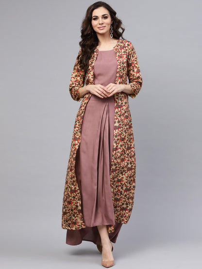 Women's Purple Crop Top Set With Partially Elasticated Skirt & Long Printed Jacket