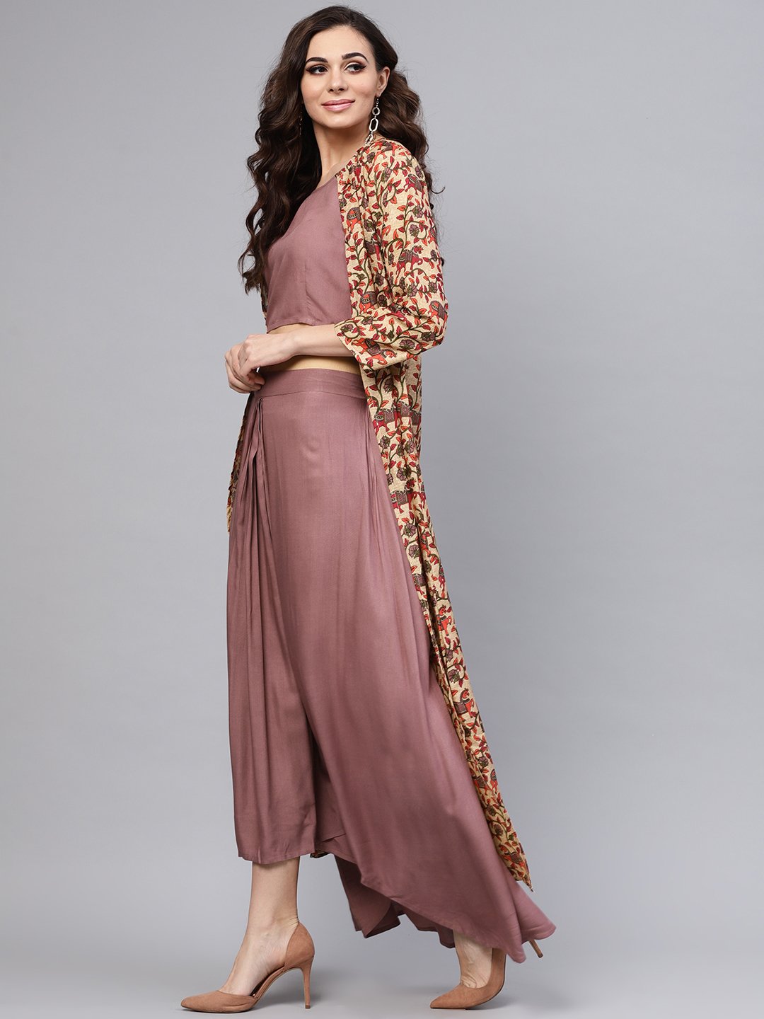 Women's Purple Crop Top Set With Partially Elasticated Skirt & Long Printed Jacket