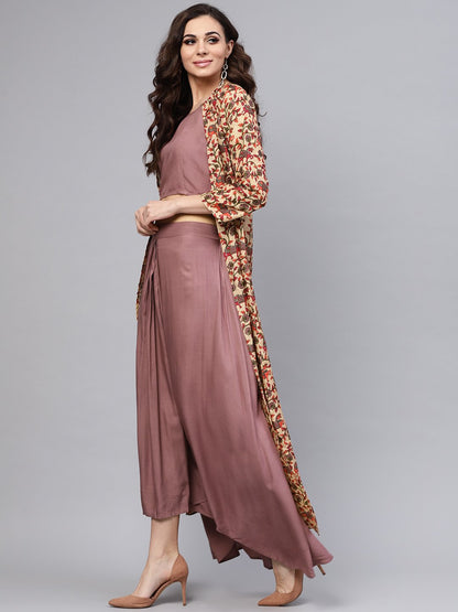 Women's Purple Crop Top Set With Partially Elasticated Skirt & Long Printed Jacket