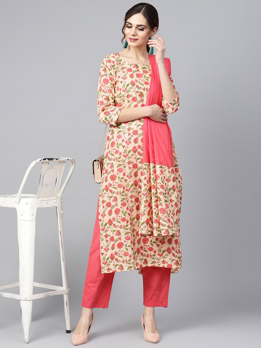 Women's Beige Colored Floral Printed Straight Kurta With Solid Pink Pants & Mul Dupatta