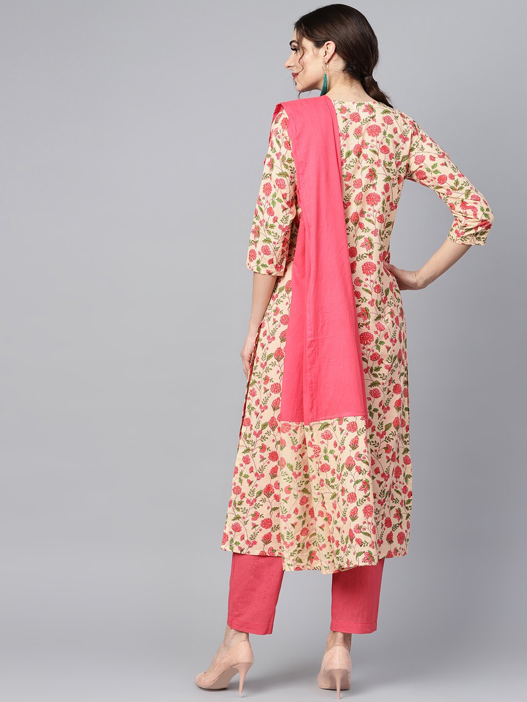 Women's Beige Colored Floral Printed Straight Kurta With Solid Pink Pants & Mul Dupatta