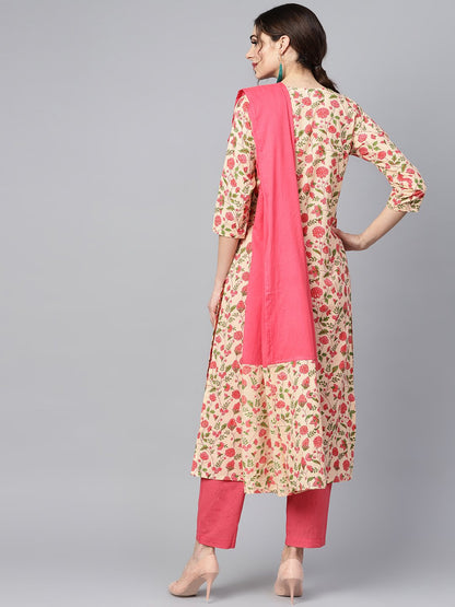 Women's Beige Colored Floral Printed Straight Kurta With Solid Pink Pants & Mul Dupatta