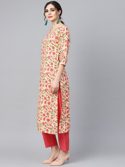 Women's Beige Colored Floral Printed Straight Kurta With Solid Pink Pants & Mul Dupatta