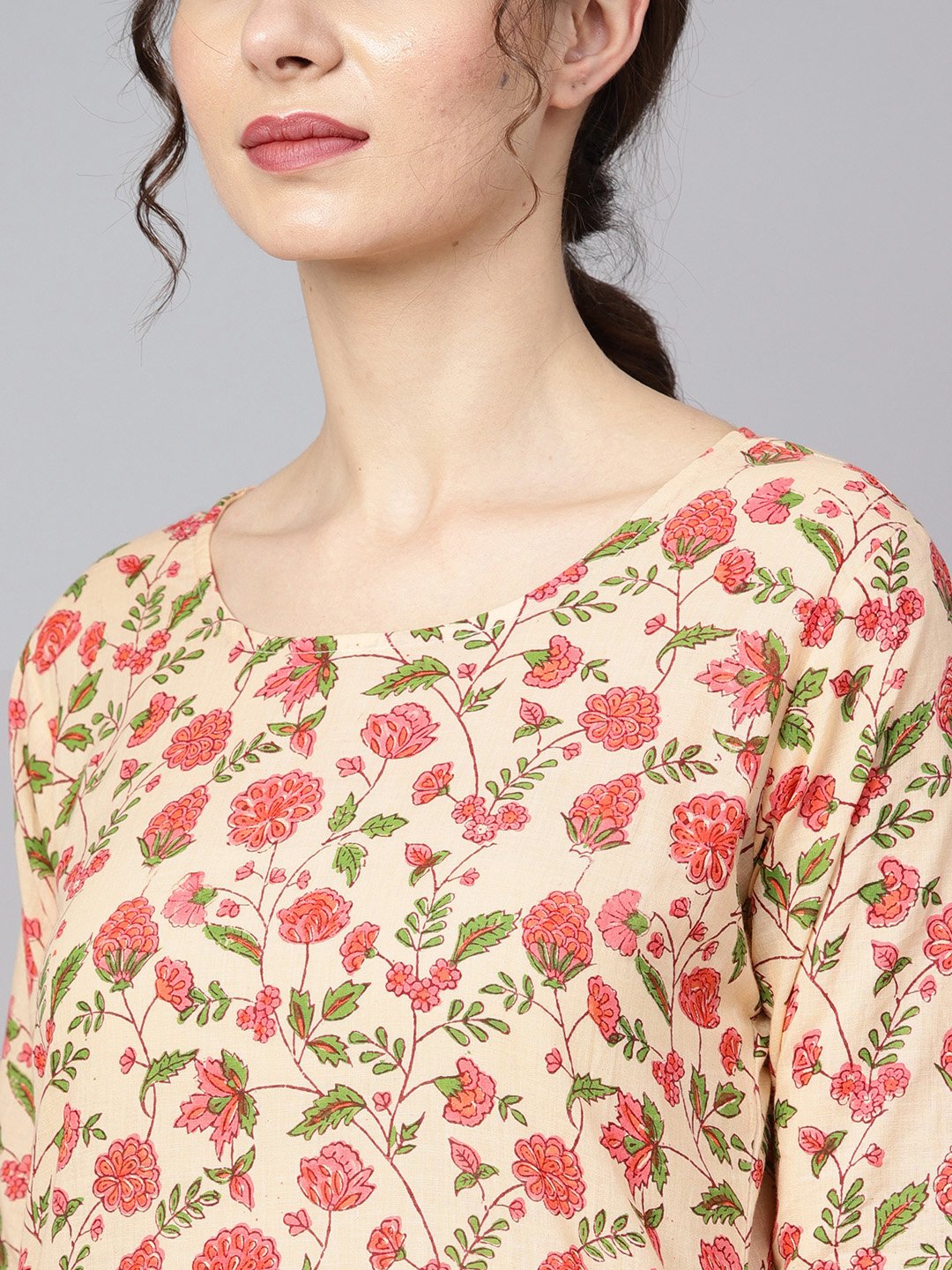Women's Beige Colored Floral Printed Straight Kurta With Solid Pink Pants & Mul Dupatta