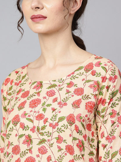 Women's Beige Colored Floral Printed Straight Kurta With Solid Pink Pants & Mul Dupatta