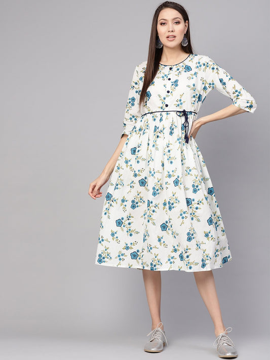 Women's White & Blue Printed A-Line Dress