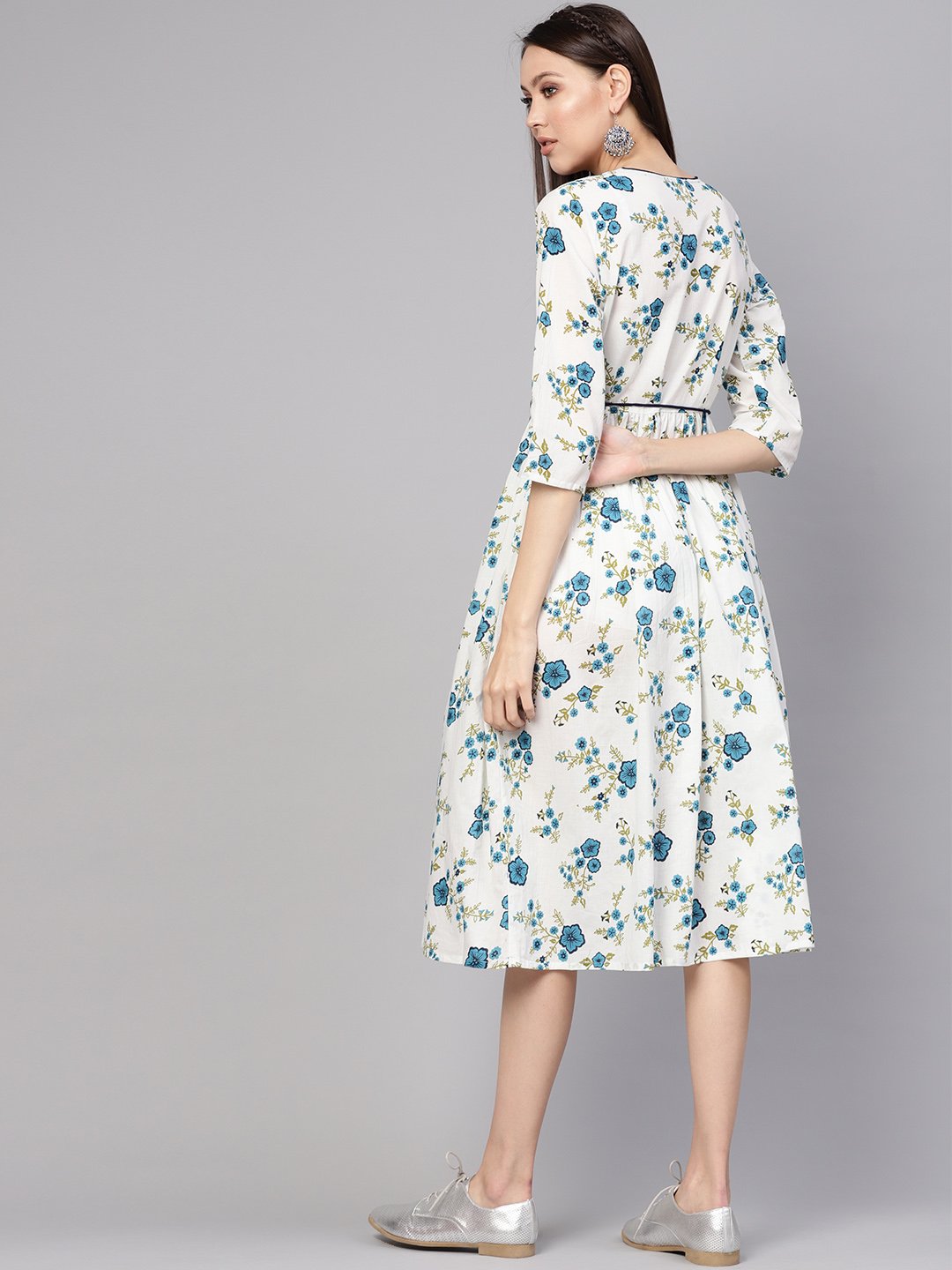 Women's White & Blue Printed A-Line Dress
