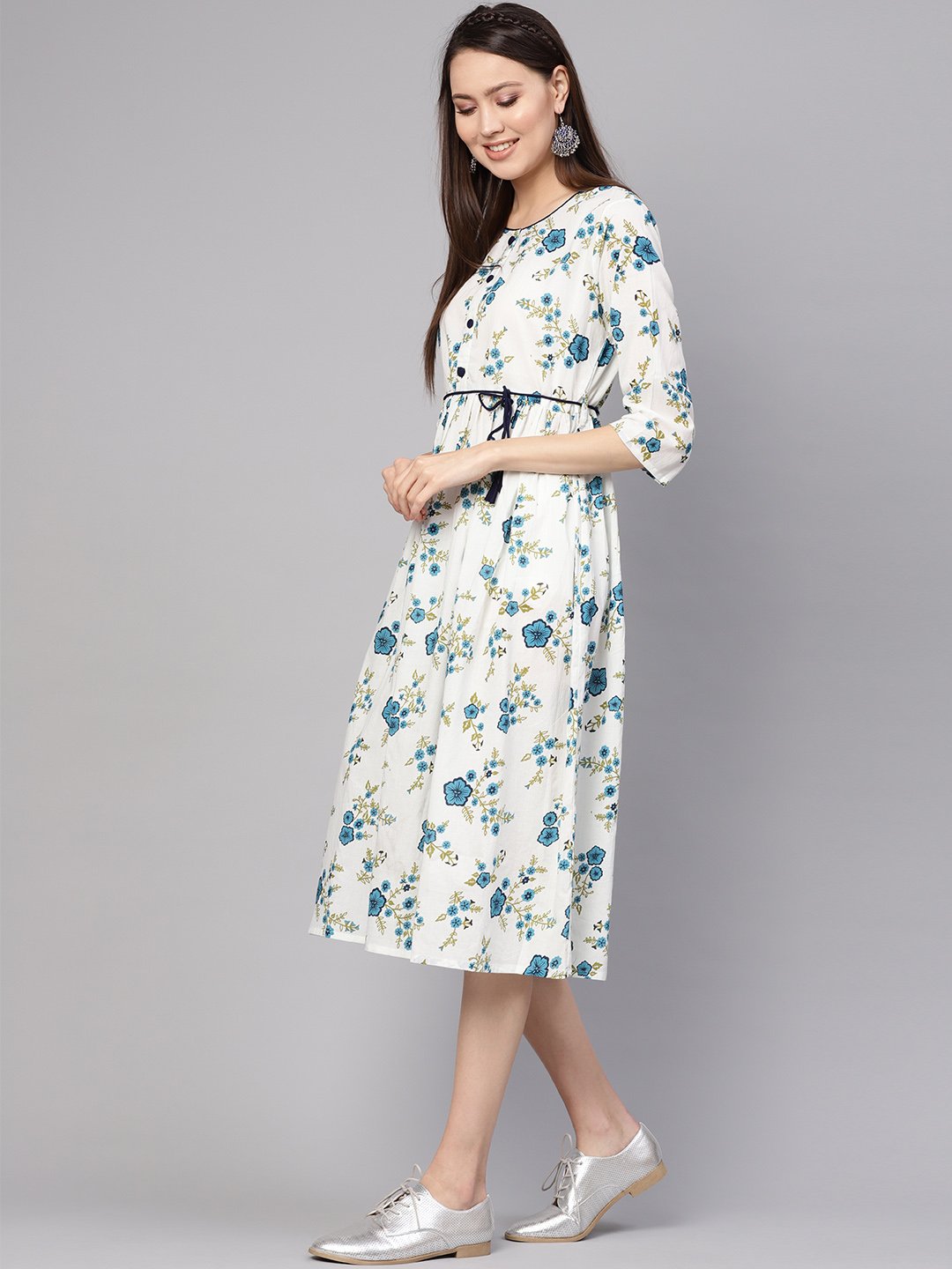 Women's White & Blue Printed A-Line Dress