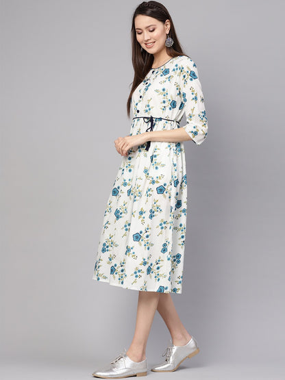 Women's White & Blue Printed A-Line Dress