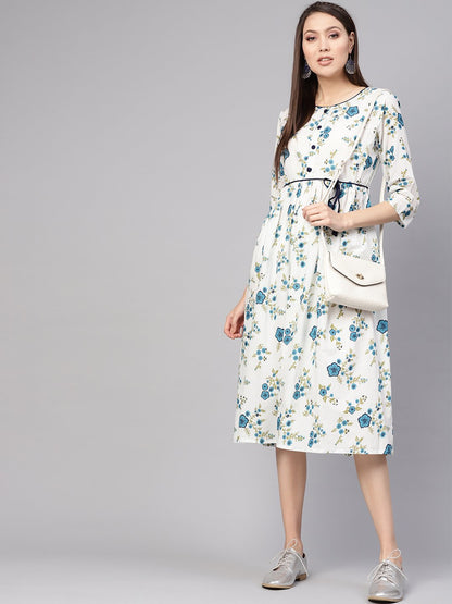 Women's White & Blue Printed A-Line Dress