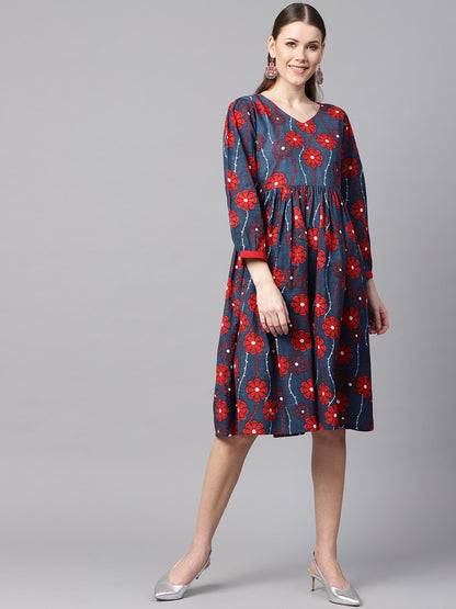Women's Blue Printed Dress With V Neck & 3/4 Sleeves