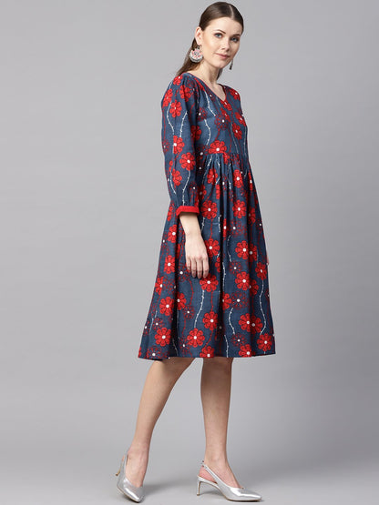 Women's Blue Printed Dress With V Neck & 3/4 Sleeves
