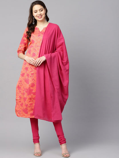 Women's Peach-Coloured & Pink Printed Kurta With Churidar & Dupatta