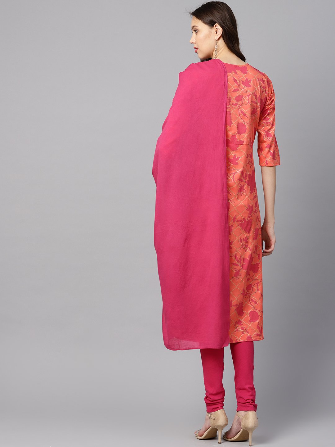 Women's Peach-Coloured & Pink Printed Kurta With Churidar & Dupatta