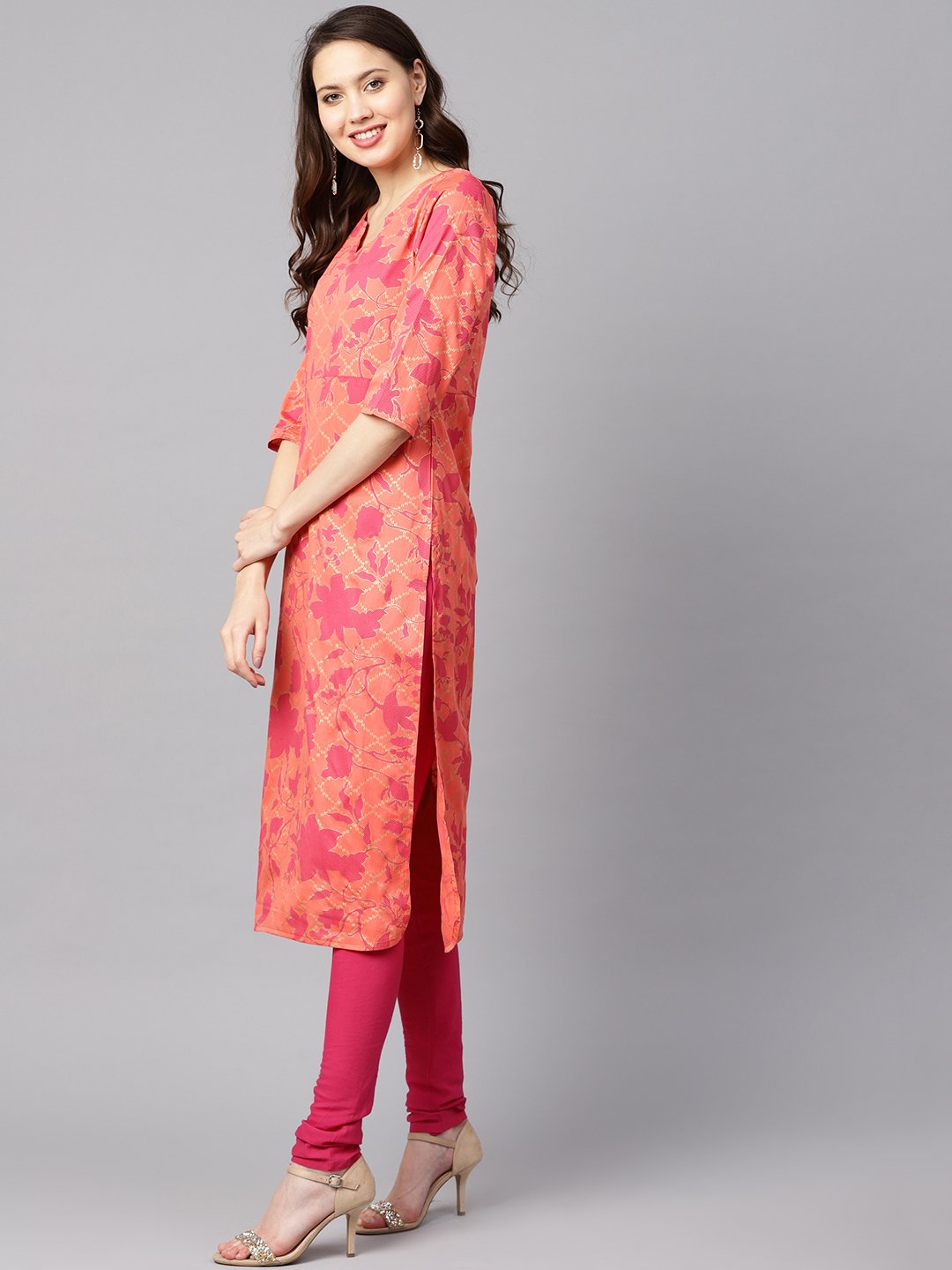 Women's Peach-Coloured & Pink Printed Kurta With Churidar & Dupatta