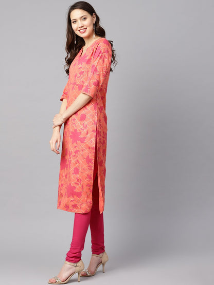 Women's Peach-Coloured & Pink Printed Kurta With Churidar & Dupatta