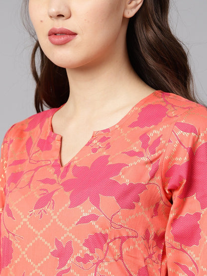 Women's Peach-Coloured & Pink Printed Kurta With Churidar & Dupatta