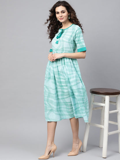 Women's Sky Blue Printed Round Neck With Keyhole Half Sleeve Dress