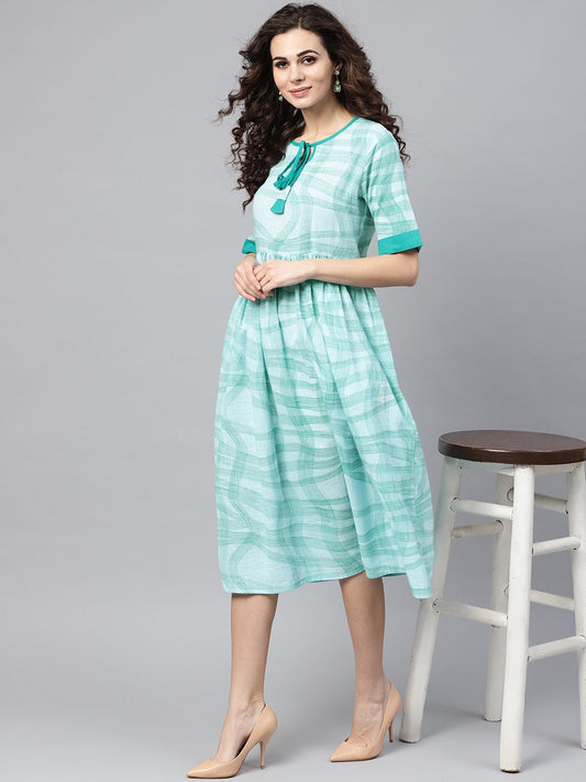 Women's Sky Blue Printed Round Neck With Keyhole Half Sleeve Dress
