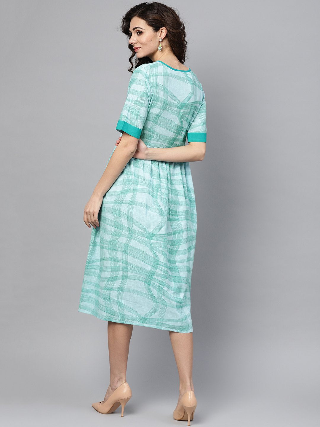 Women's Sky Blue Printed Round Neck With Keyhole Half Sleeve Dress
