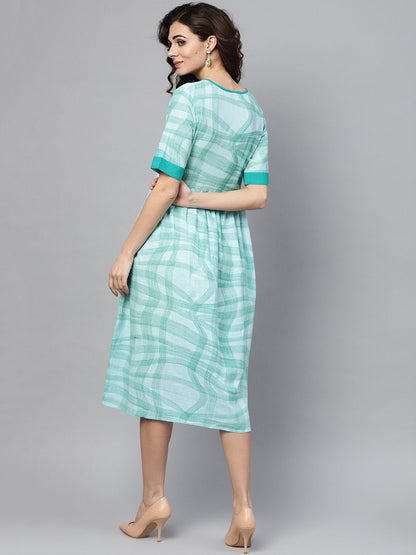 Women's Sky Blue Printed Round Neck With Keyhole Half Sleeve Dress