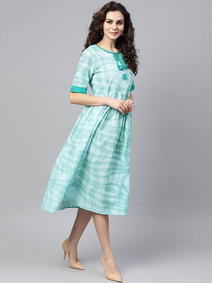 Women's Sky Blue Printed Round Neck With Keyhole Half Sleeve Dress