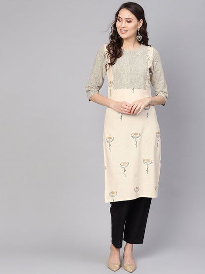 Women's Off-White & Black Printed Kurta With Trousers