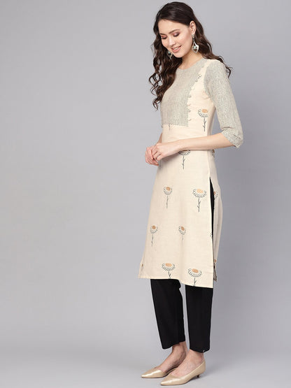 Women's Off-White & Black Printed Kurta With Trousers