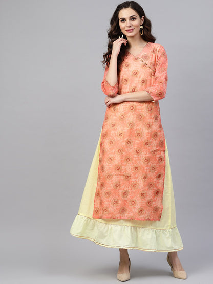 Women's Pink Printed Maxi Dress With V Neck And Gotta Detailing