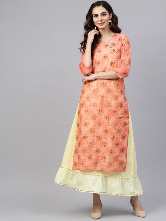 Women's Pink Printed Maxi Dress With V Neck And Gotta Detailing