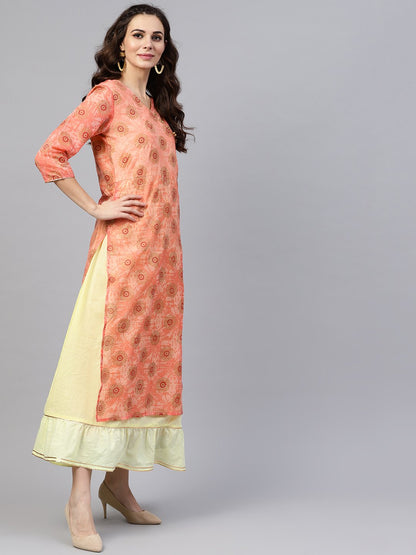 Women's Pink Printed Maxi Dress With V Neck And Gotta Detailing