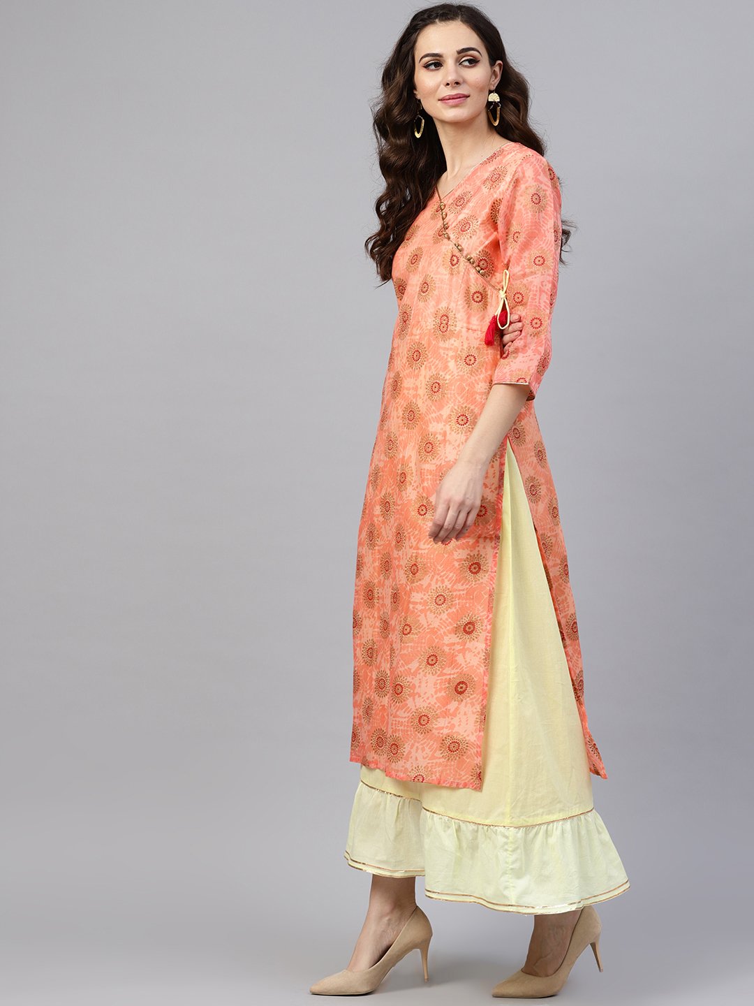 Women's Pink Printed Maxi Dress With V Neck And Gotta Detailing