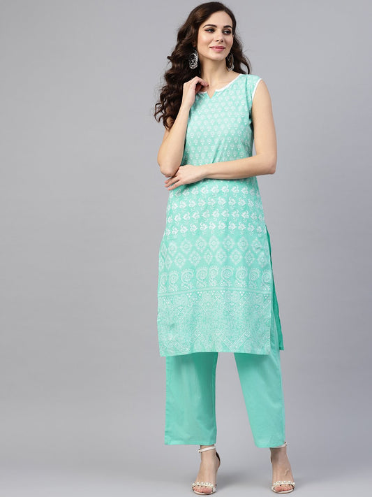 Women's Sky Blue Sleeveless Printed Kurta Set With Solid Pants