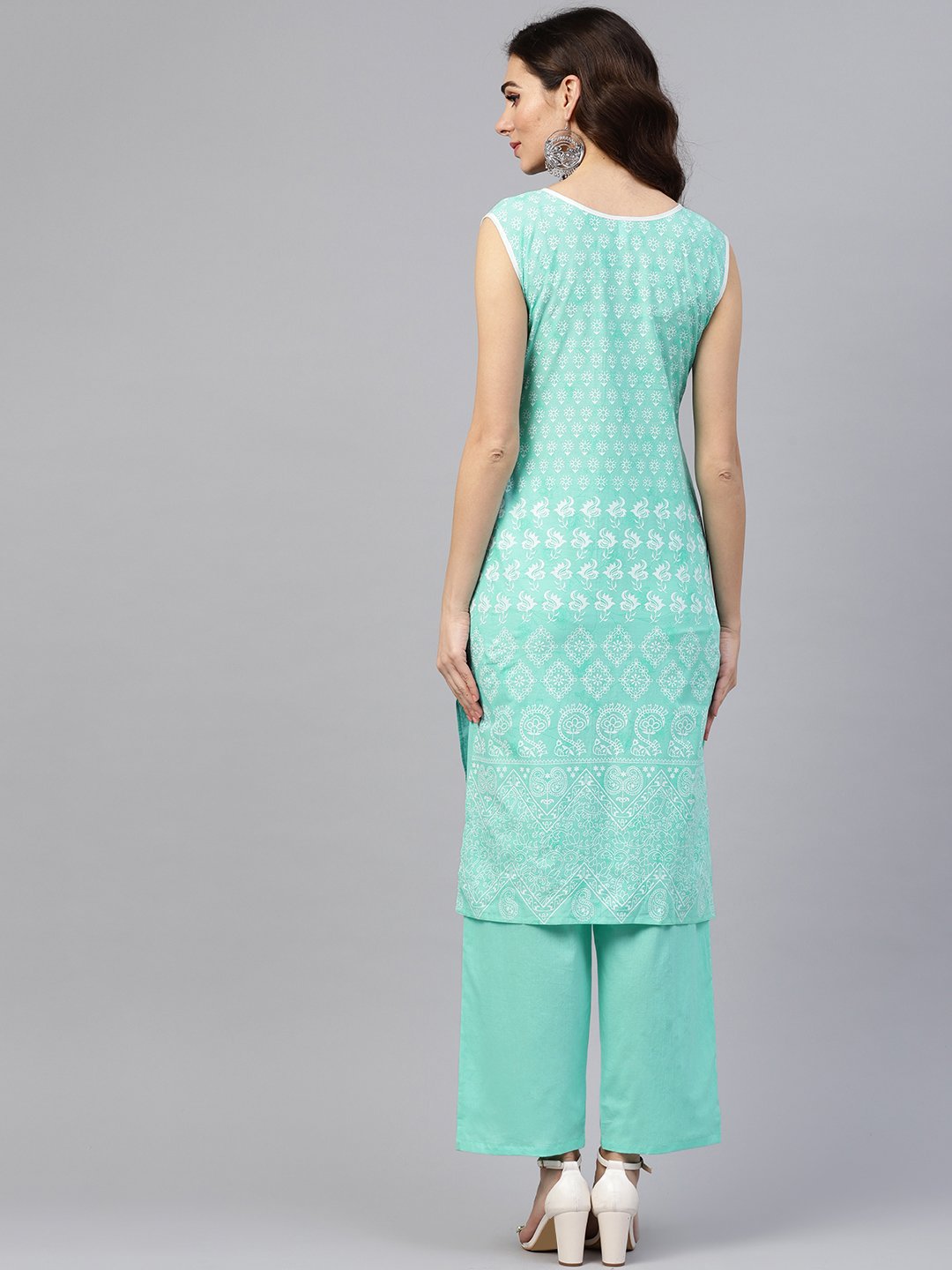 Women's Sky Blue Sleeveless Printed Kurta Set With Solid Pants