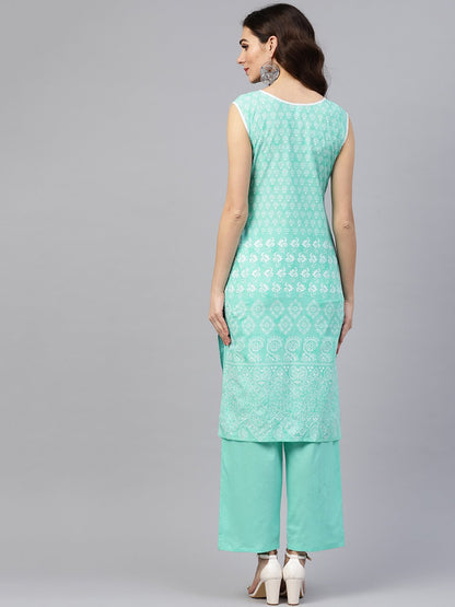 Women's Sky Blue Sleeveless Printed Kurta Set With Solid Pants