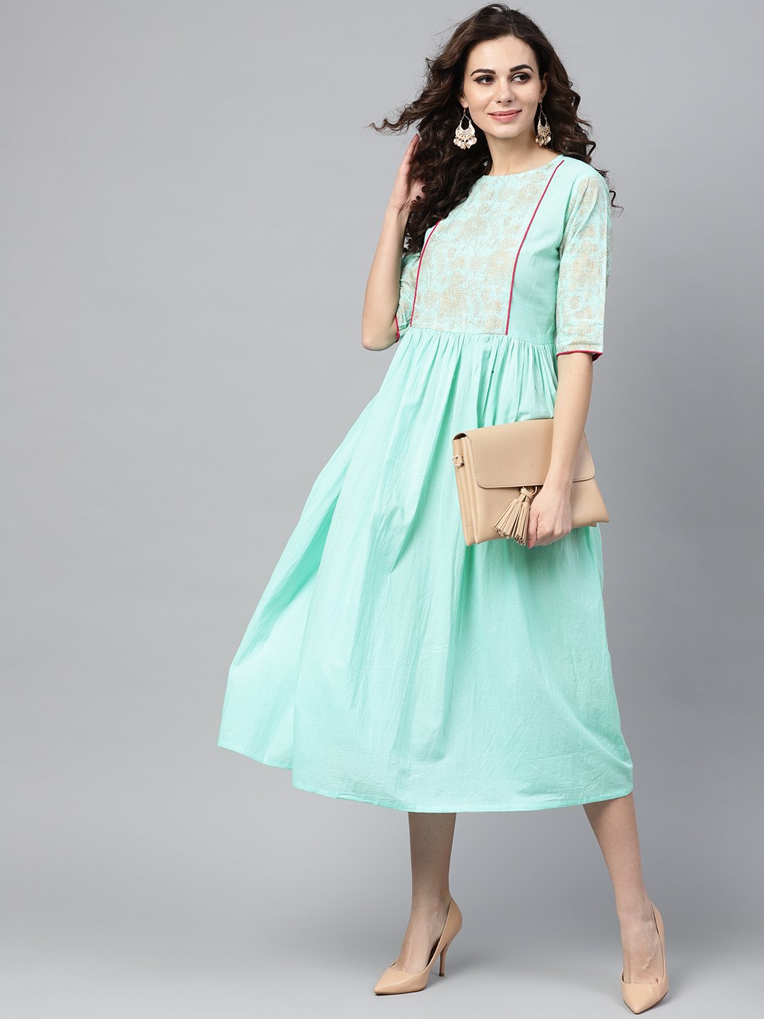 Women's Pastel Green Dress With Front Gold Printed Yoke & 3/4 Sleeves