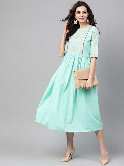 Women's Pastel Green Dress With Front Gold Printed Yoke & 3/4 Sleeves