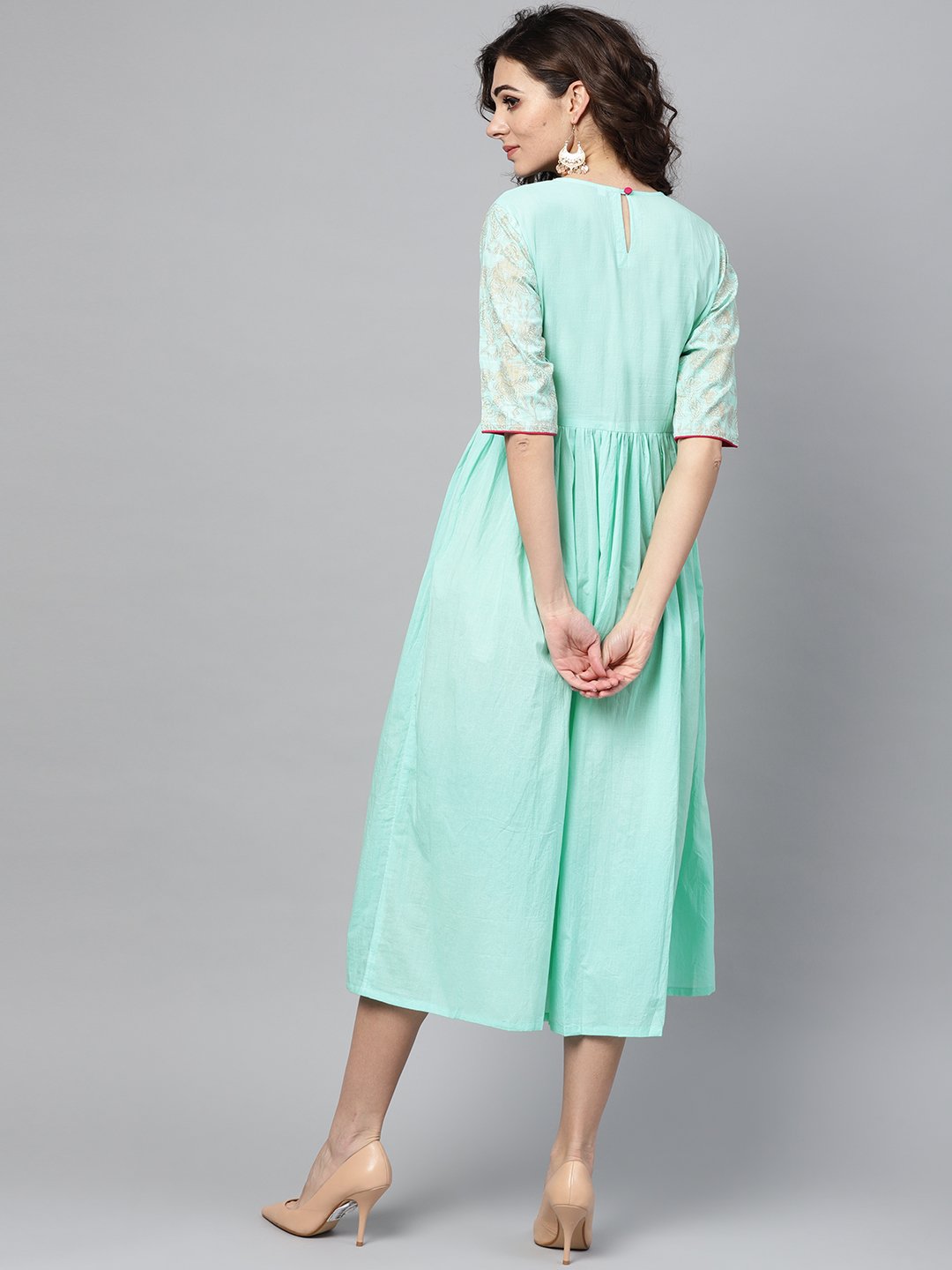 Women's Pastel Green Dress With Front Gold Printed Yoke & 3/4 Sleeves