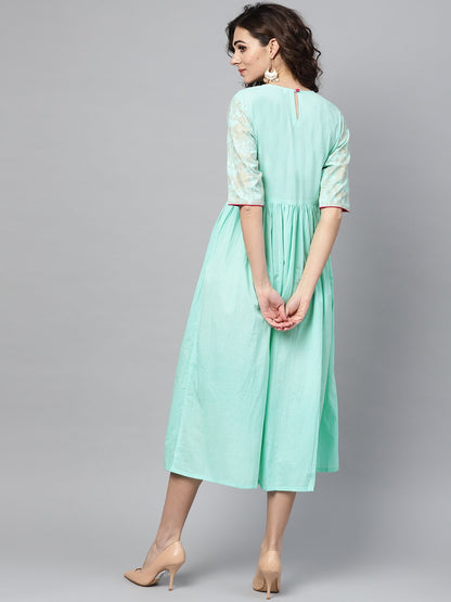 Women's Pastel Green Dress With Front Gold Printed Yoke & 3/4 Sleeves