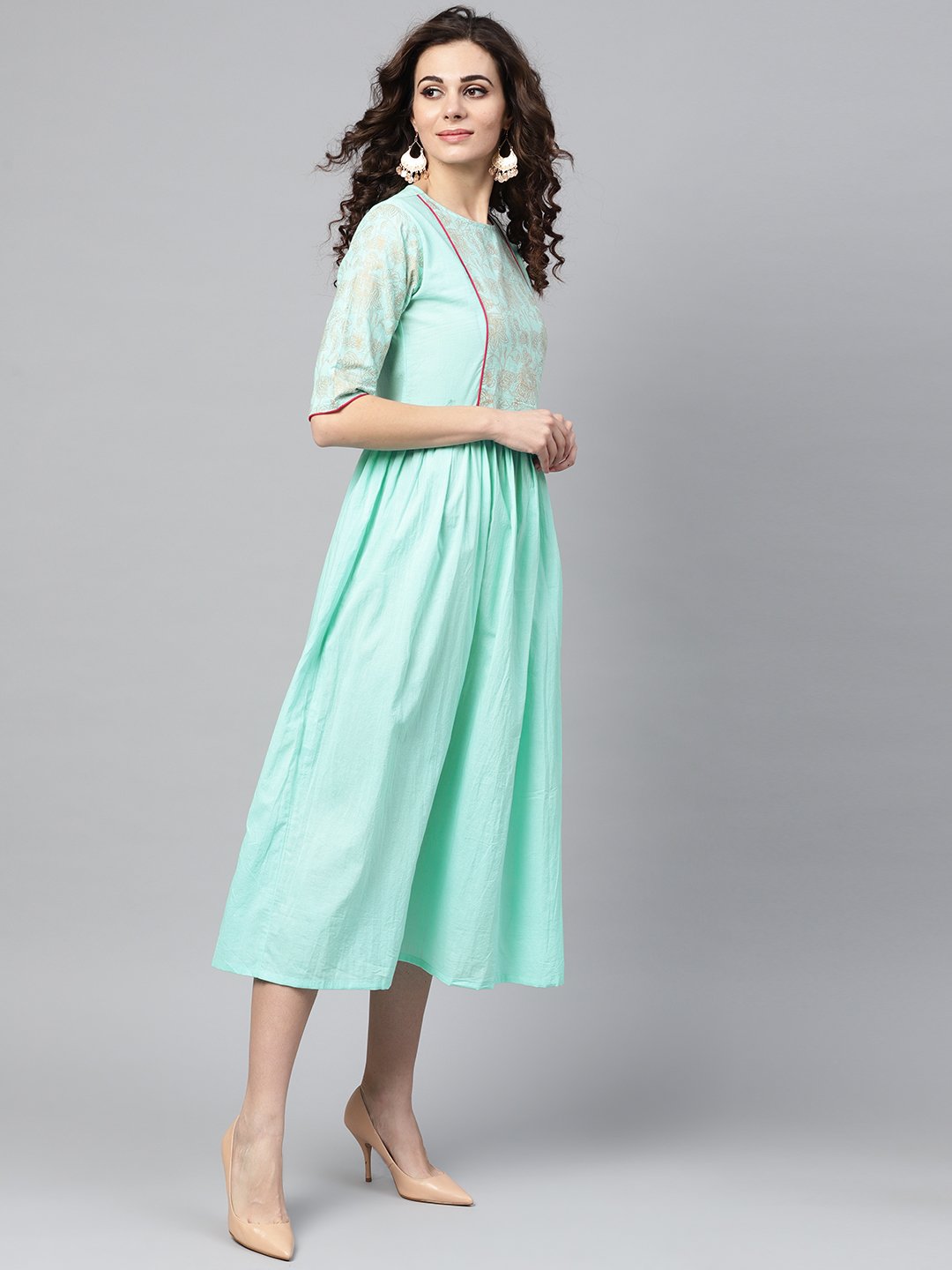 Women's Pastel Green Dress With Front Gold Printed Yoke & 3/4 Sleeves