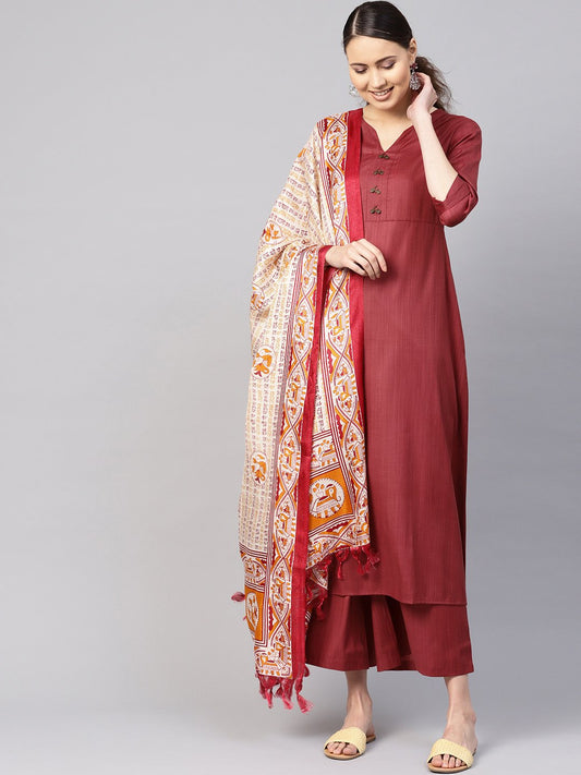 Women's Rust Red Solid Kurta With Palazzos & Dupatta