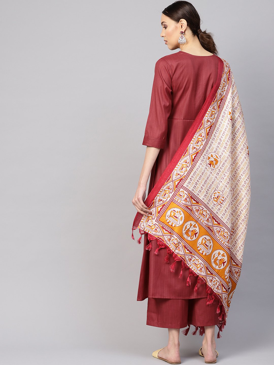 Women's Rust Red Solid Kurta With Palazzos & Dupatta