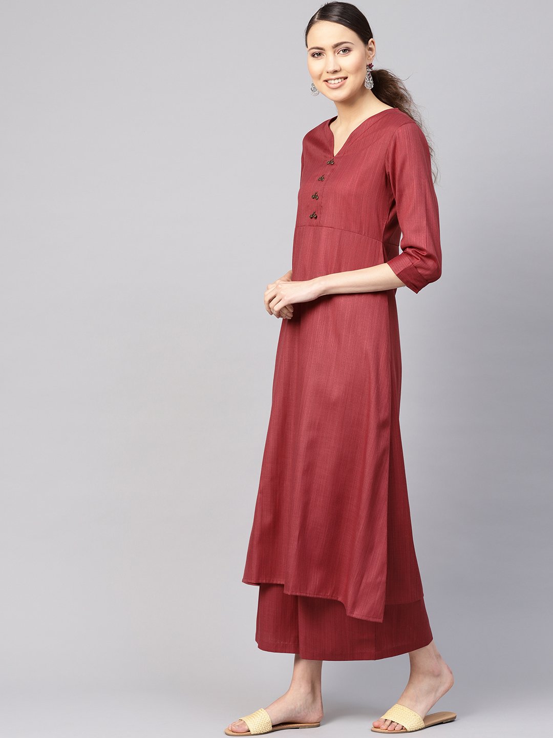 Women's Rust Red Solid Kurta With Palazzos & Dupatta