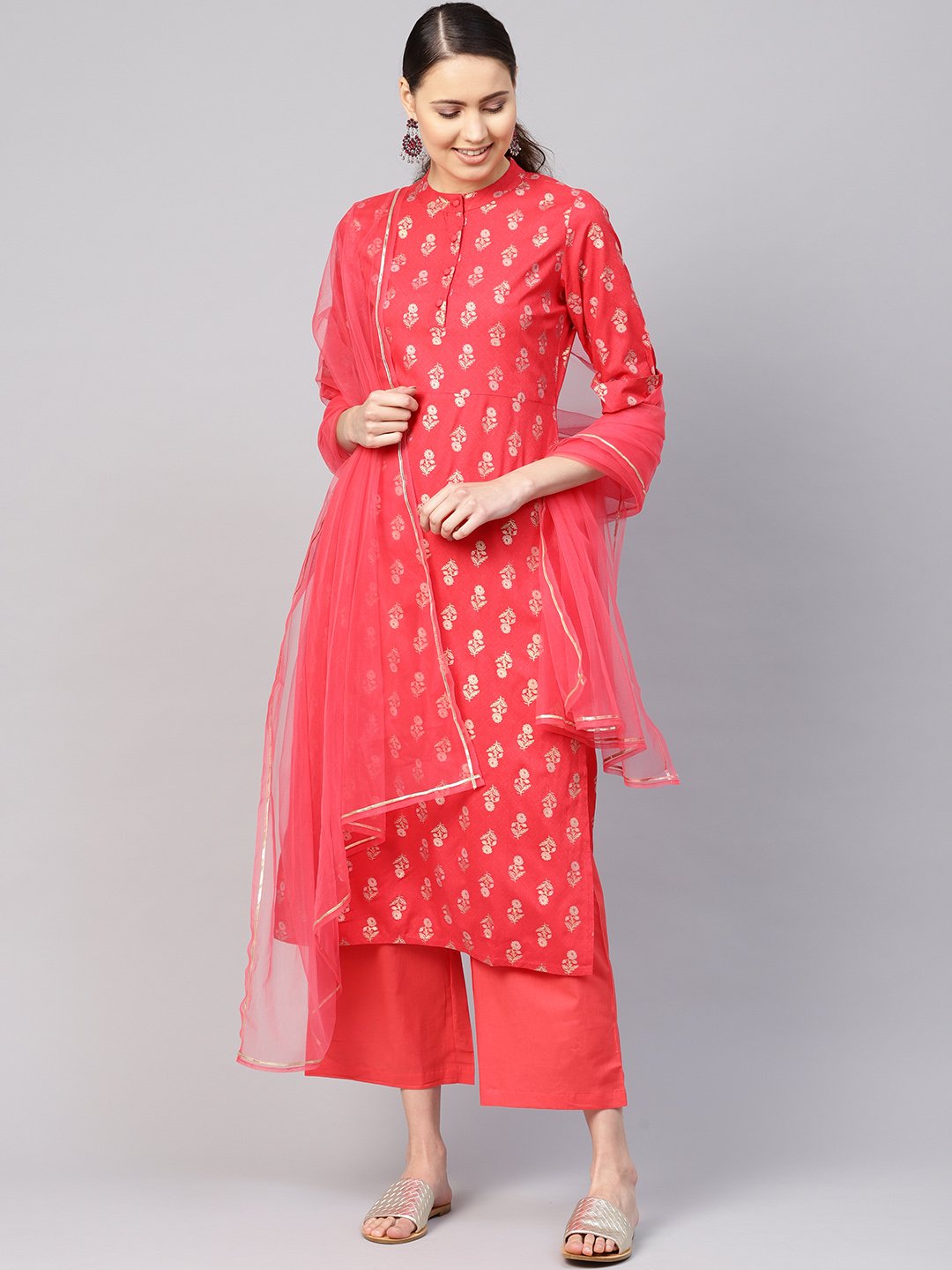 Women's Coral Red & Golden Printed Kurta With Palazzos & Dupatta